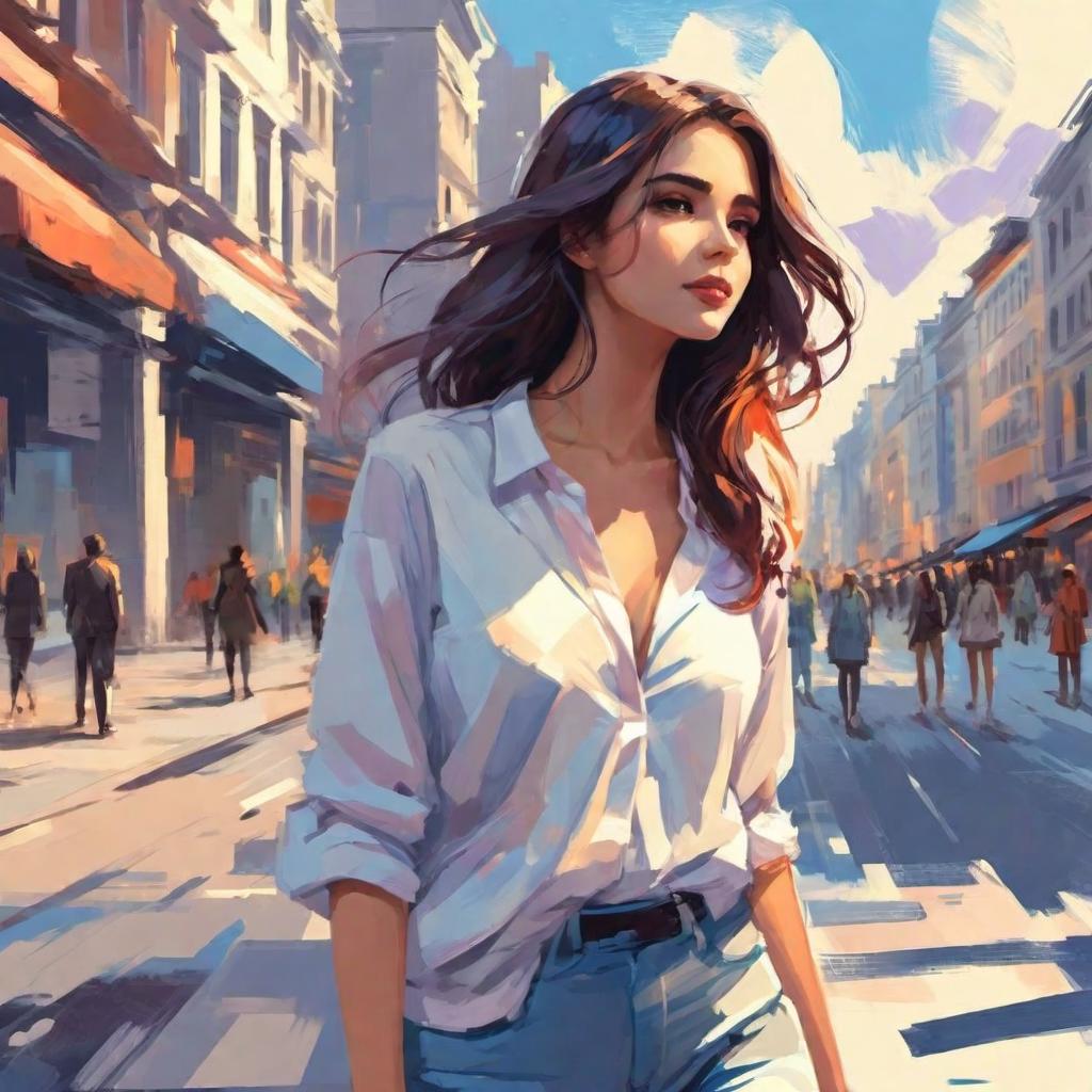  concept art young woman in the city, in light clothes
 acrylic painting, 
in-the-nu-style, artistic illustration . digital artwork, illustrative, painterly, matte painting, highly detailed