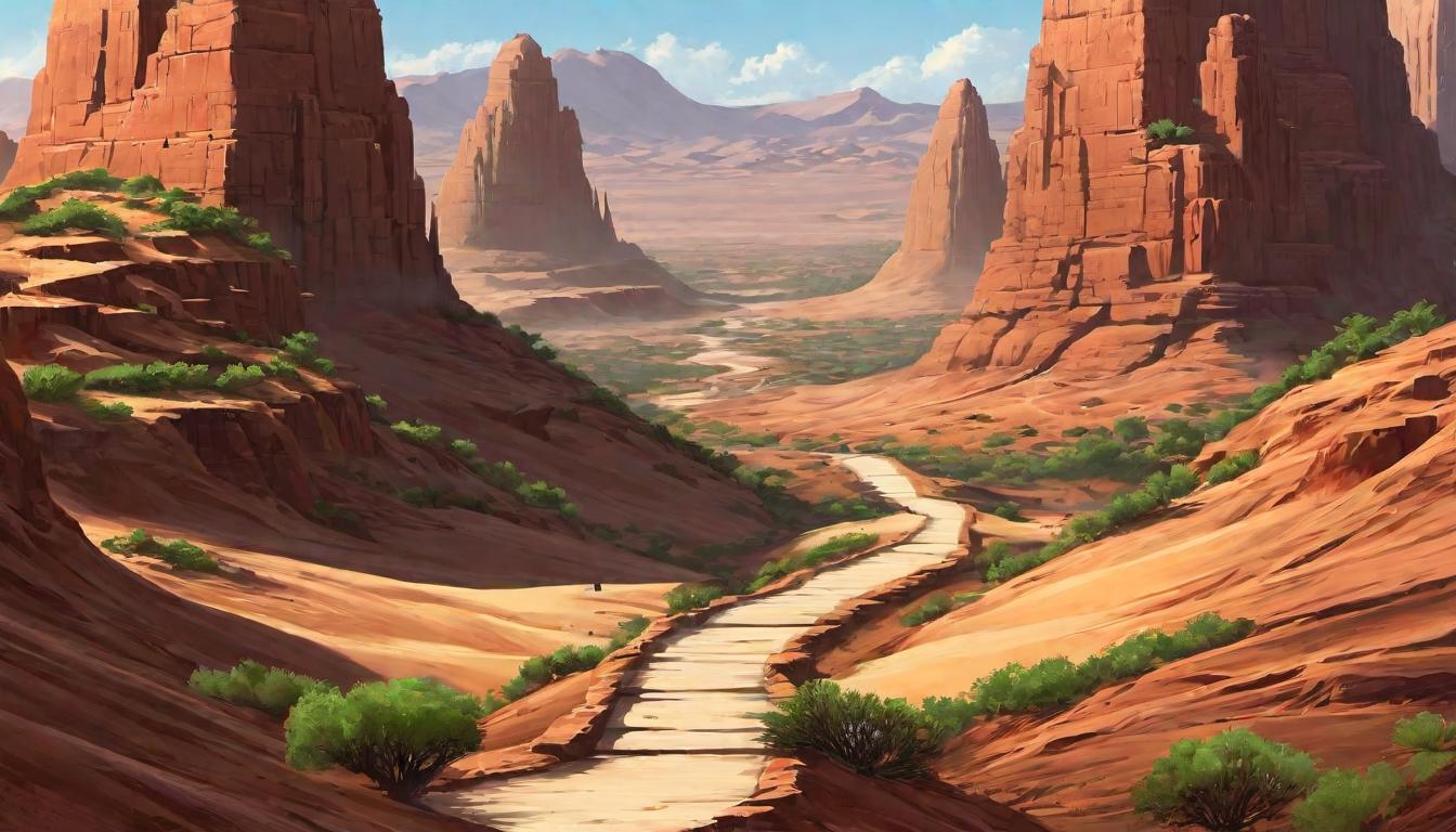  digital painting of A forked path through a desert landscape, leading to divergent visions of cities on the horizon. Choice, divergence, spectral cities embodying different futures, contemplative, vast looking at viewer, dynamic pose, (intricate details, masterpiece, best quality)