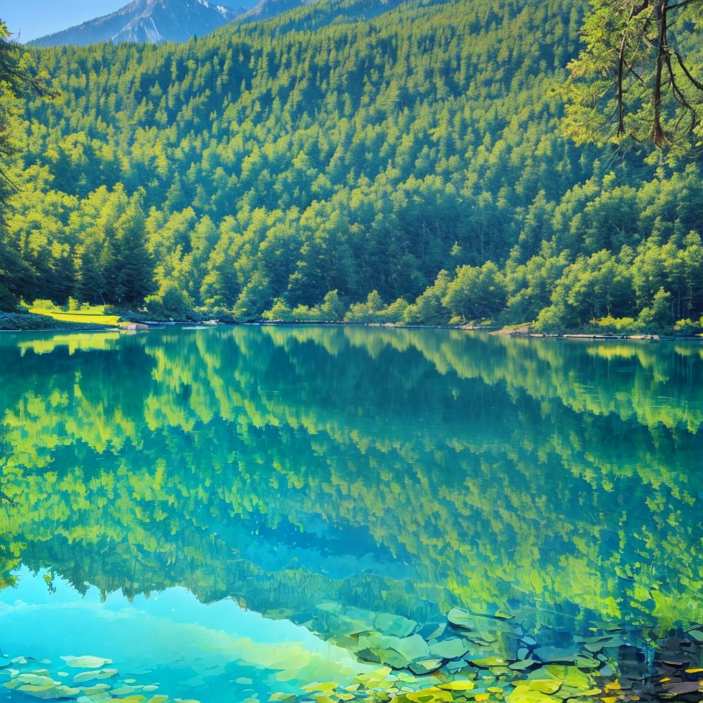  as a painting, Convey the serene majesty of towering mountains reflected in the crystal-clear waters of a tranquil alpine lake, using your unique artistic vision to evoke a sense of awe and tranquility.