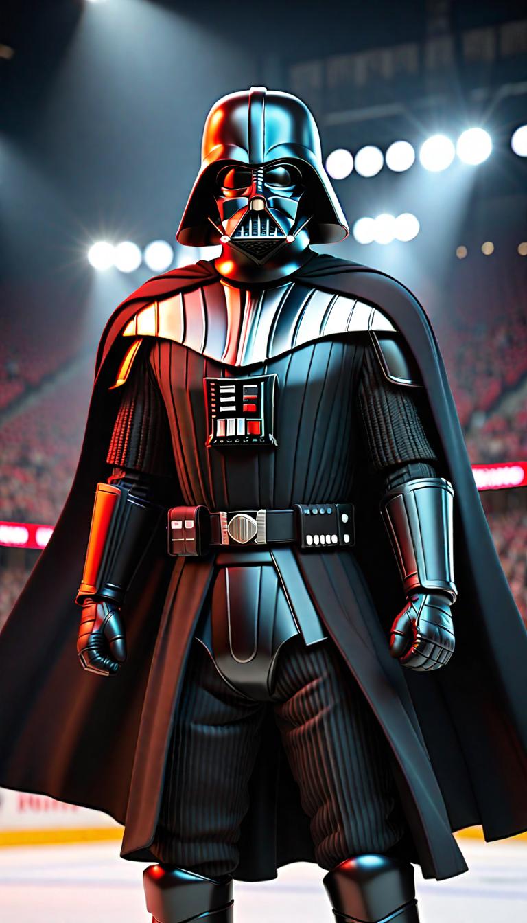  Professional 3D model of darth vader as hockey player . Rendered with Octane, the model is highly detailed,dramatic lighting. hyperrealistic, full body, detailed clothing, highly detailed, cinematic lighting, stunningly beautiful, intricate, sharp focus, f/1. 8, 85mm, (centered image composition), (professionally color graded), ((bright soft diffused light)), volumetric fog, trending on instagram, trending on tumblr, HDR 4K, 8K