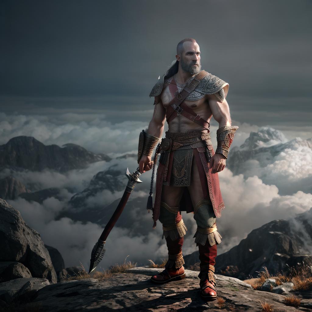  God of war hyperrealistic, full body, detailed clothing, highly detailed, cinematic lighting, stunningly beautiful, intricate, sharp focus, f/1. 8, 85mm, (centered image composition), (professionally color graded), ((bright soft diffused light)), volumetric fog, trending on instagram, trending on tumblr, HDR 4K, 8K