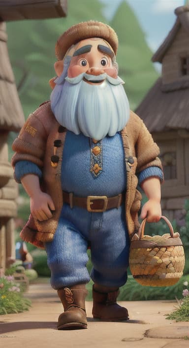  {A bustling village with dwarves walking around, carrying baskets, and greeting each other. Flowers are blooming, and birds are singing., Dwarves are short, with bushy beards and rosy cheeks. They wear colorful tunics, pointy hats, and sturdy boots. They have twinkling eyes and joyful smiles.