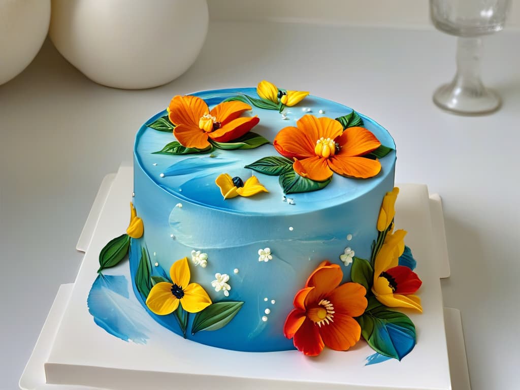  An ultradetailed closeup image of a delicate, handpainted edible flower on a perfectly frosted cake, showcasing intricate brush strokes and vibrant colors that exemplify advanced edible painting techniques. The flower appears so lifelike that it almost seems to bloom off the screen, embodying the artistry and precision involved in creating stunning edible masterpieces. hyperrealistic, full body, detailed clothing, highly detailed, cinematic lighting, stunningly beautiful, intricate, sharp focus, f/1. 8, 85mm, (centered image composition), (professionally color graded), ((bright soft diffused light)), volumetric fog, trending on instagram, trending on tumblr, HDR 4K, 8K