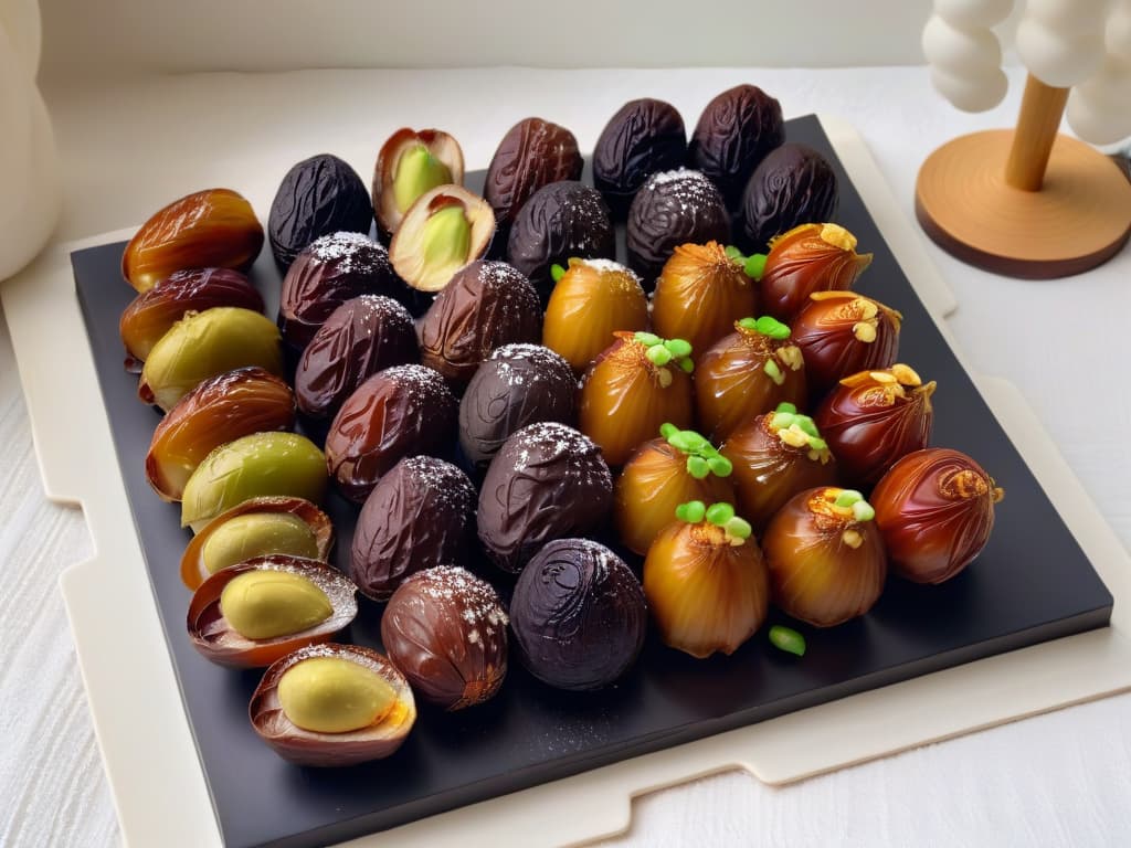  An ultrahigh resolution closeup image of a medley of dates elegantly arranged on a sleek, modern platter. The dates vary in color from rich browns to deep blacks, showcasing their glossy textures. Each date is delicately stuffed with a unique international filling, such as pistachios, coconut flakes, and dark chocolate. The lighting is soft, casting gentle shadows that highlight the intricate details of the dates and their fillings, creating a visually striking and appetizing composition. hyperrealistic, full body, detailed clothing, highly detailed, cinematic lighting, stunningly beautiful, intricate, sharp focus, f/1. 8, 85mm, (centered image composition), (professionally color graded), ((bright soft diffused light)), volumetric fog, trending on instagram, trending on tumblr, HDR 4K, 8K