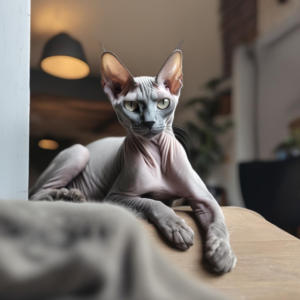  Grey and hairy Sphinx cat lying in a loft-style apartment.
