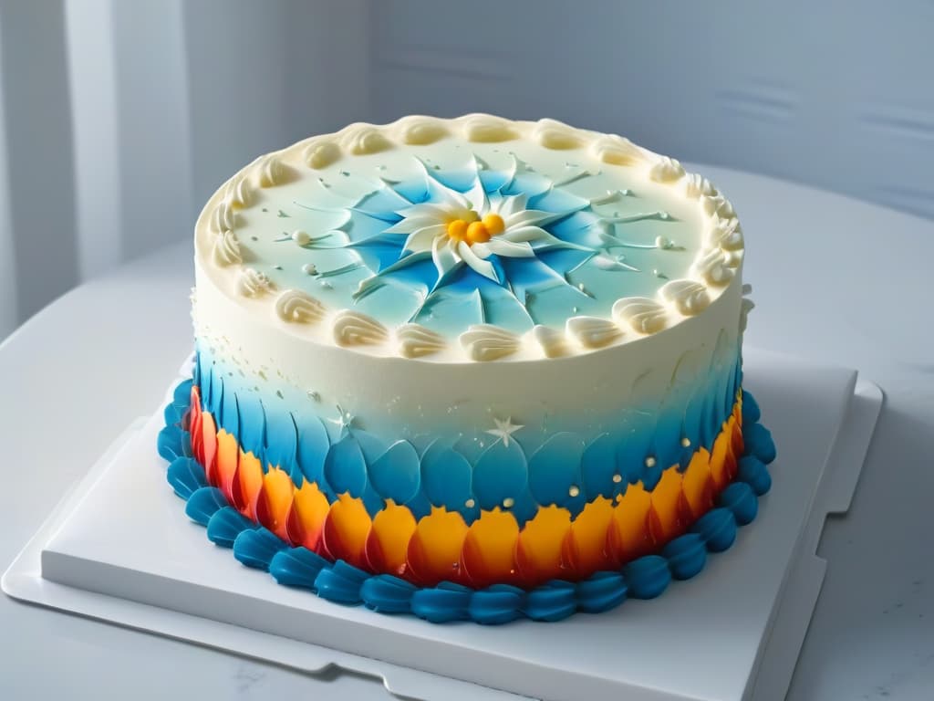  A closeup, highresolution image of a delicate fondant cake decorated with intricate aerograph patterns in vibrant colors, showcasing the precision and artistry of advanced aerography techniques in pastry decoration. Each tiny detail is meticulously rendered, from the gradient shading to the fine lines, creating a visually stunning and appetizing masterpiece that embodies the fusion of culinary skill and artistic creativity. hyperrealistic, full body, detailed clothing, highly detailed, cinematic lighting, stunningly beautiful, intricate, sharp focus, f/1. 8, 85mm, (centered image composition), (professionally color graded), ((bright soft diffused light)), volumetric fog, trending on instagram, trending on tumblr, HDR 4K, 8K