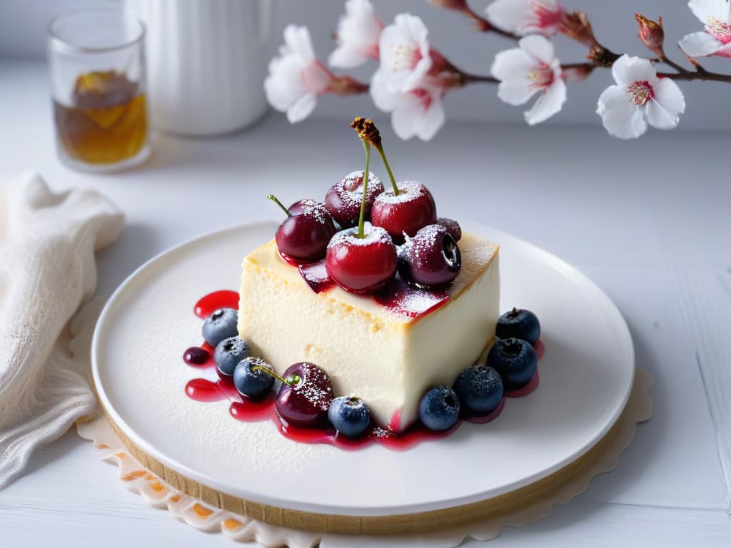  A minimalistic and elegant image of a slice of cherry cheesecake resting on a delicate white plate, topped with fresh, vibrant cherries glistening with a light drizzle of syrup. The creamy cheesecake is perfectly set against a soft, blurred background, highlighting the rich texture and inviting colors of the dessert. The plate is subtly adorned with a few scattered cherry blossoms, adding a touch of natural beauty to the composition. This image captures the essence of a delectable cherry cheesecake, inviting the viewer to indulge in its sweet and tangy flavors. hyperrealistic, full body, detailed clothing, highly detailed, cinematic lighting, stunningly beautiful, intricate, sharp focus, f/1. 8, 85mm, (centered image composition), (professionally color graded), ((bright soft diffused light)), volumetric fog, trending on instagram, trending on tumblr, HDR 4K, 8K