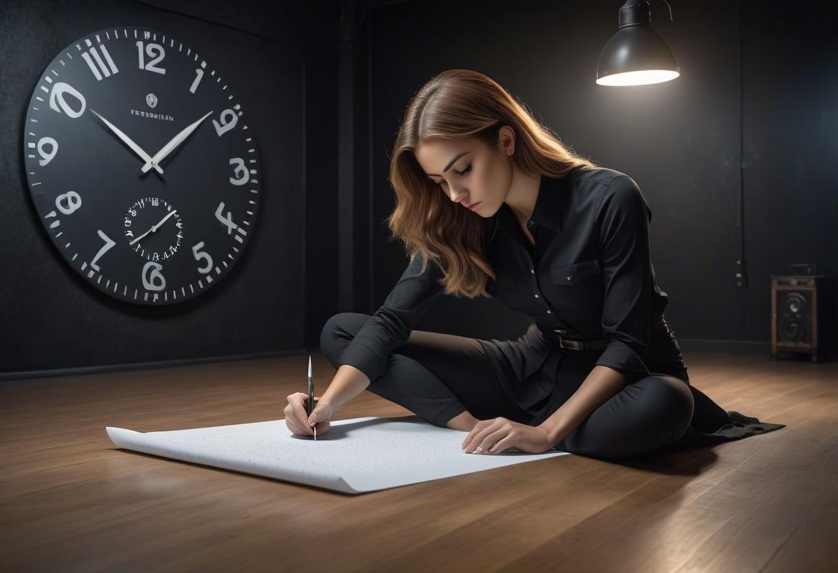  A girl with a long curved knife in a black shirt writes dots on a sheet of paper, sits on the floor. In the background, there are large black clocks with hands. hyperrealistic, full body, detailed clothing, highly detailed, cinematic lighting, stunningly beautiful, intricate, sharp focus, f/1. 8, 85mm, (centered image composition), (professionally color graded), ((bright soft diffused light)), volumetric fog, trending on instagram, trending on tumblr, HDR 4K, 8K