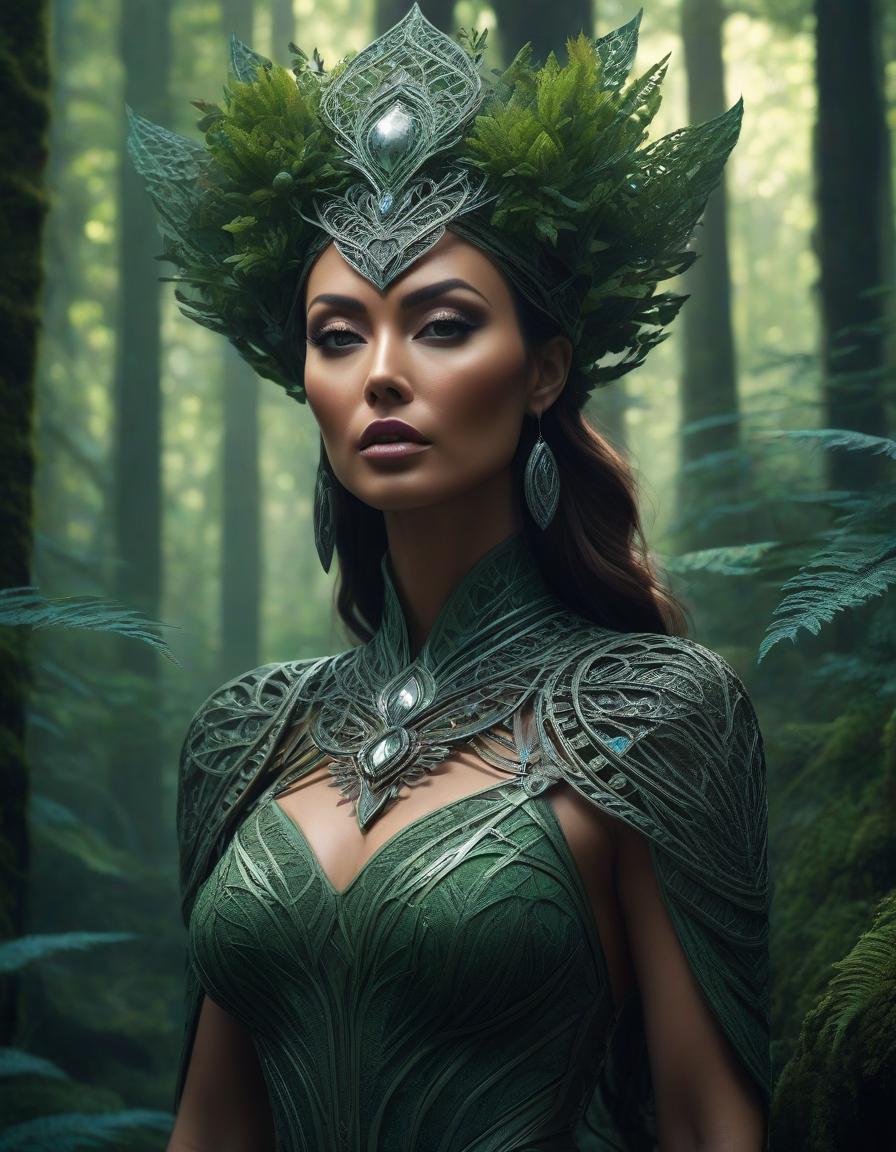  concept art A stunning digital painting of a mysterious forest woman with intricate details, geometric patterns, and surreal elements. The artwork is highly detailed, photorealistic, and beautifully balanced, showcasing a masterful blend of fantasy and realism. . digital artwork, illustrative, painterly, matte painting, highly detailed hyperrealistic, full body, detailed clothing, highly detailed, cinematic lighting, stunningly beautiful, intricate, sharp focus, f/1. 8, 85mm, (centered image composition), (professionally color graded), ((bright soft diffused light)), volumetric fog, trending on instagram, trending on tumblr, HDR 4K, 8K