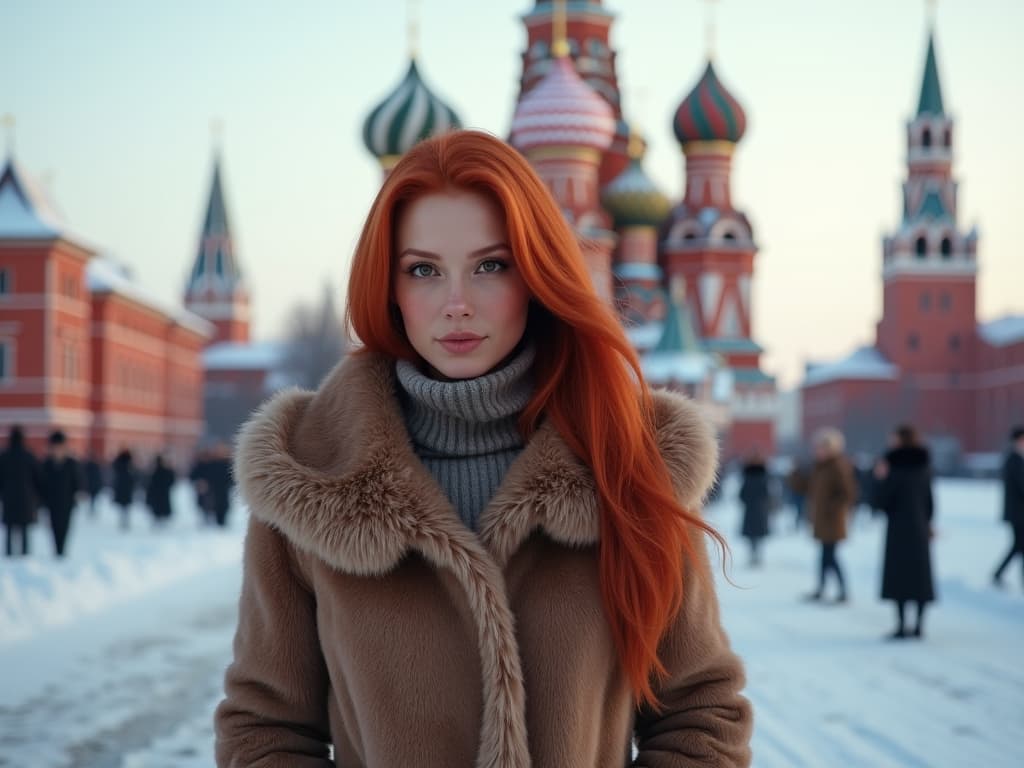  professional 3d model of a a woman with long red hair, wearing a fur coat, standing outdoors in snowy red square, moscow, with iconic colorful domes in the background. she faces slightly sideways, looking directly at the camera with a calm expression., octane render, highly detailed, volumetric, dramatic lighting