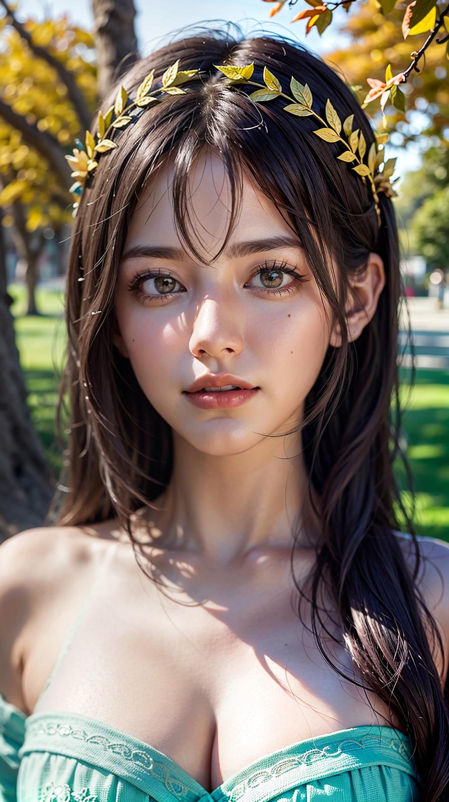  ultra high res, (photorealistic:1.4), raw photo, (realistic face), realistic eyes, (realistic skin), <lora:XXMix9_v20LoRa:0.8>, ((((masterpiece)))), best quality, very_high_resolution, ultra-detailed, in-frame, autumn leaves, , serene beauty, vint colors, innocent charm, delicate features, leaf crown, peaceful backdrop, golden hair, nature's , tranquil expression, ethereal glow, whimsical aura, enchanting presence, magical atmosphere, graceful posture, tender age, dreamy gaze, whimsical spirit