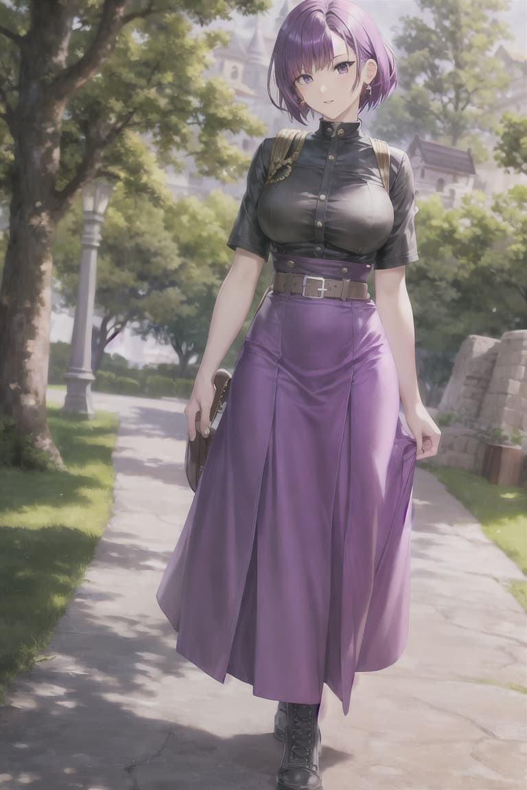  master piece , best quality,Purple hair, short hair, military, cool beauty, long skirt, fantasy