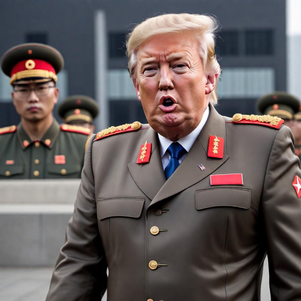  Donald Trump dressed in the style of a North Korean leader. He should be wearing a traditional North Korean military uniform with distinct insignia and medals, closely resembling that of Kim Jong-un. The setting should have elements that are iconic to North Korea, such as flags, landmarks or symbols. Trump's hairstyle and facial features should be clear and recognizable. The overall tone of the image should be serious and authoritative, as befitting a political portrait. hyperrealistic, full body, detailed clothing, highly detailed, cinematic lighting, stunningly beautiful, intricate, sharp focus, f/1. 8, 85mm, (centered image composition), (professionally color graded), ((bright soft diffused light)), volumetric fog, trending on instagram, trending on tumblr, HDR 4K, 8K