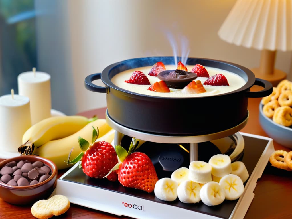  A beautifully arranged table setting with a sleek fondue pot in the center, surrounded by an assortment of fresh strawberries, marshmallows, bananas, and pretzels. The warm chocolate fondue is cascading smoothly from the pot, creating a mesmerizing swirl, with a soft glow illuminating the scene, enhancing the richness of the chocolate and the decadence of the setting. The background is softly blurred, emphasizing the focal point on the fondue pot and the delectable treats awaiting to be dipped. hyperrealistic, full body, detailed clothing, highly detailed, cinematic lighting, stunningly beautiful, intricate, sharp focus, f/1. 8, 85mm, (centered image composition), (professionally color graded), ((bright soft diffused light)), volumetric fog, trending on instagram, trending on tumblr, HDR 4K, 8K