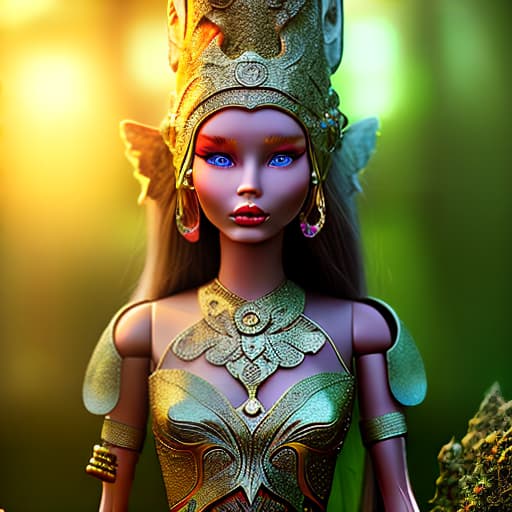 mdjrny-v4 style Beautiful Elfie likes The Ceramic Barbie is wearing the ancient mythical costumes is meditating on the shade of tree at the bioluminescent forest with the translucent plants at the sunset time, Ultra-Realistic View