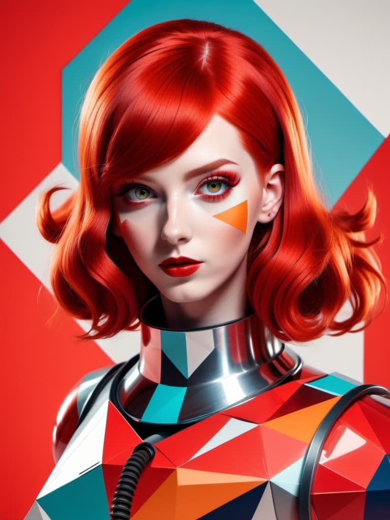  constructivist style The girl with red hair in a vacuum package that has the air removed. . geometric shapes, bold colors, dynamic composition, propaganda art style