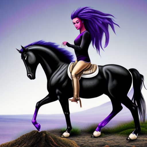 black horse with purple mane on a cliff