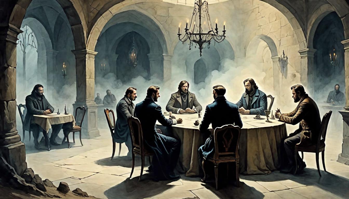  on parchment, surrealism+++, a group around a table, one figure cold and distant, others engaged, coldness amidst warmth, shadowy atmosphere(mysterious, provocative, symbolic,muted color)+++