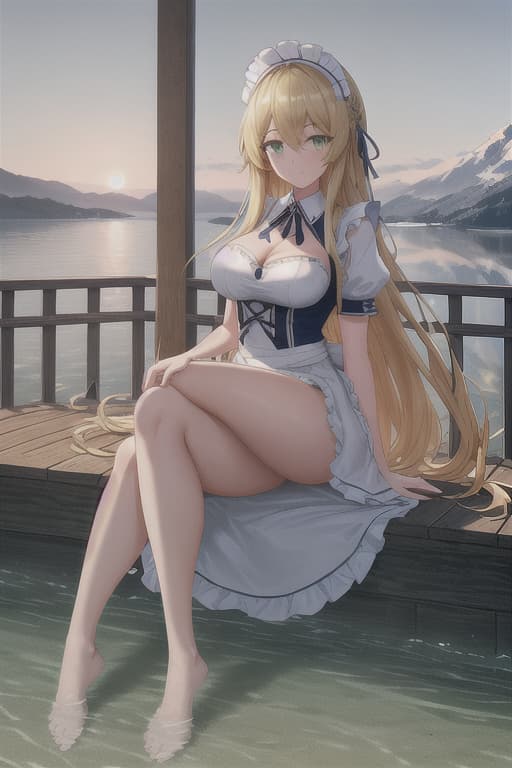  (score 9,score 8 up,score 7 up,),1girl,solo,maid,maid headdress,looking at viewer,outdoor,lake,apron,blonde hair,indoors,green eyes,bare foot,two feet in the water hyperrealistic, full body, detailed clothing, highly detailed, cinematic lighting, stunningly beautiful, intricate, sharp focus, f/1. 8, 85mm, (centered image composition), (professionally color graded), ((bright soft diffused light)), volumetric fog, trending on instagram, trending on tumblr, HDR 4K, 8K