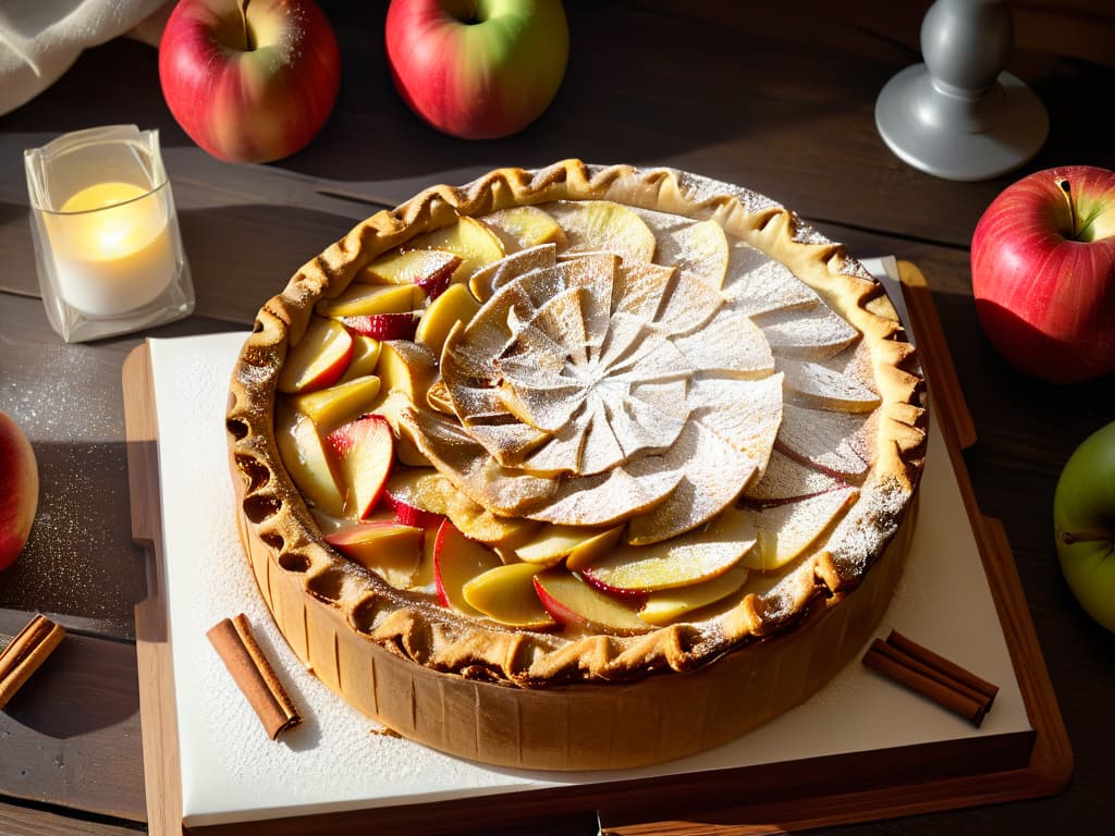  An intricately detailed photorealistic image of a freshly baked glutenfree apple pie, set on a rustic wooden table with a light dusting of powdered sugar on top. The pie is adorned with perfectly sliced apples arranged in a spiral pattern, showcasing a goldenbrown crust with delicate lattice work. Sunlight filters through a nearby window, casting a warm glow on the pie and creating a soft, inviting ambiance. The image captures the textures of the flaky crust, juicy apples, and sugary accents, enticing viewers with its mouthwatering appearance. hyperrealistic, full body, detailed clothing, highly detailed, cinematic lighting, stunningly beautiful, intricate, sharp focus, f/1. 8, 85mm, (centered image composition), (professionally color graded), ((bright soft diffused light)), volumetric fog, trending on instagram, trending on tumblr, HDR 4K, 8K