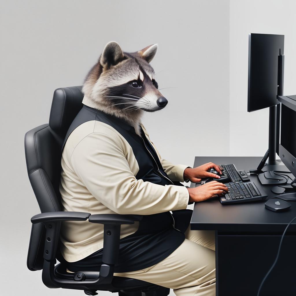  raccoon sitting in gaming chair front a computer on desktop, ((semi anthropomorphic)),(full body), tail, belly, sitting, fat, (chubby), (((white background))), solo, desktop, gaming chair, side view,  [[[clothes]]] hyperrealistic, full body, detailed clothing, highly detailed, cinematic lighting, stunningly beautiful, intricate, sharp focus, f/1. 8, 85mm, (centered image composition), (professionally color graded), ((bright soft diffused light)), volumetric fog, trending on instagram, trending on tumblr, HDR 4K, 8K