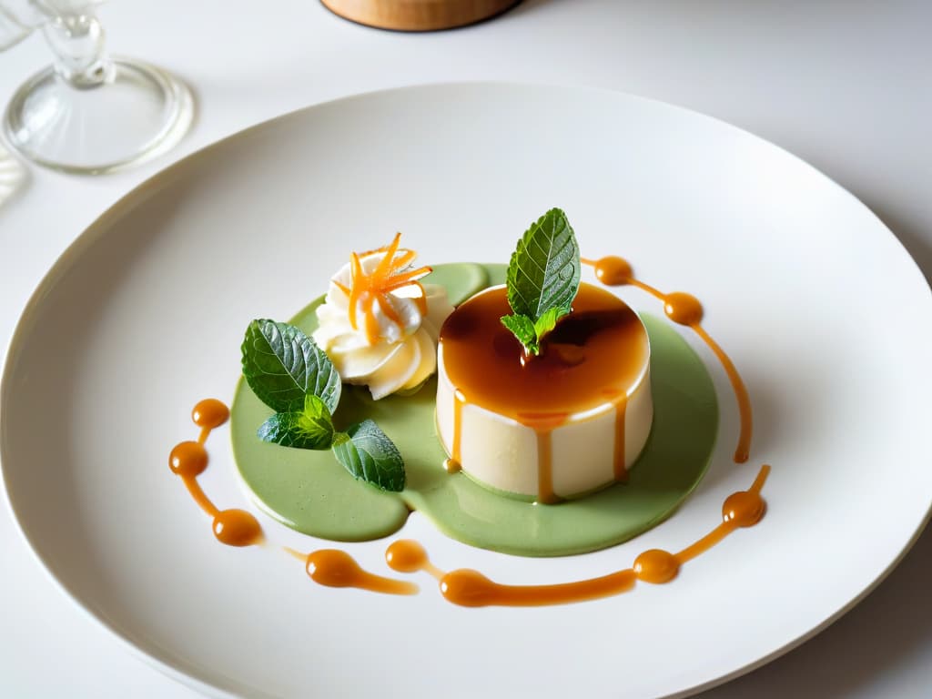  A highresolution, minimalist image of a modern, elegantly plated British dessert showcasing a unique twist on a classic recipe. The dessert is artfully presented on a sleek, white plate with a subtle drizzle of caramel sauce, garnished with a delicate sprig of fresh mint leaves. The focus is on the intricate details of the dessert, highlighting its innovative design and exquisite presentation that captures the essence of traditional British pastry adapted for contemporary tastes. hyperrealistic, full body, detailed clothing, highly detailed, cinematic lighting, stunningly beautiful, intricate, sharp focus, f/1. 8, 85mm, (centered image composition), (professionally color graded), ((bright soft diffused light)), volumetric fog, trending on instagram, trending on tumblr, HDR 4K, 8K