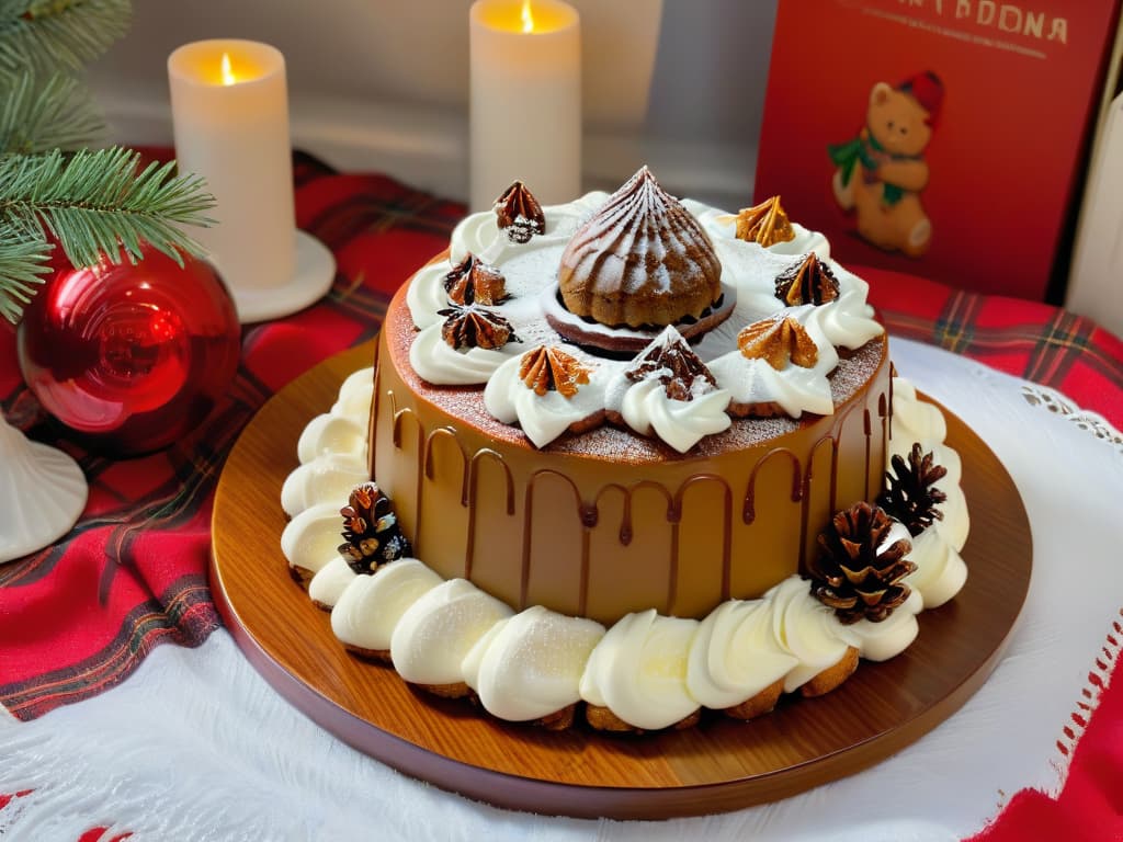  A photorealistic image of a beautifully decorated winterthemed table setting, featuring a variety of traditional winter puddings like fruitcakes, gingerbread, and steamed puddings. The table is adorned with festive decorations such as holly, pine cones, and candles, creating a warm and inviting atmosphere perfect for a traditional winter gathering. hyperrealistic, full body, detailed clothing, highly detailed, cinematic lighting, stunningly beautiful, intricate, sharp focus, f/1. 8, 85mm, (centered image composition), (professionally color graded), ((bright soft diffused light)), volumetric fog, trending on instagram, trending on tumblr, HDR 4K, 8K