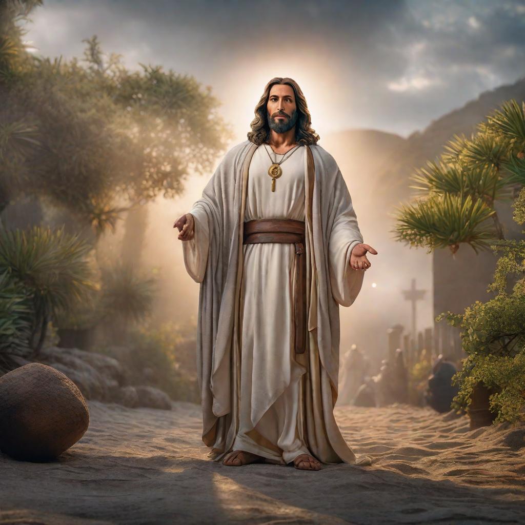  Jesus de Nazareth hyperrealistic, full body, detailed clothing, highly detailed, cinematic lighting, stunningly beautiful, intricate, sharp focus, f/1. 8, 85mm, (centered image composition), (professionally color graded), ((bright soft diffused light)), volumetric fog, trending on instagram, trending on tumblr, HDR 4K, 8K