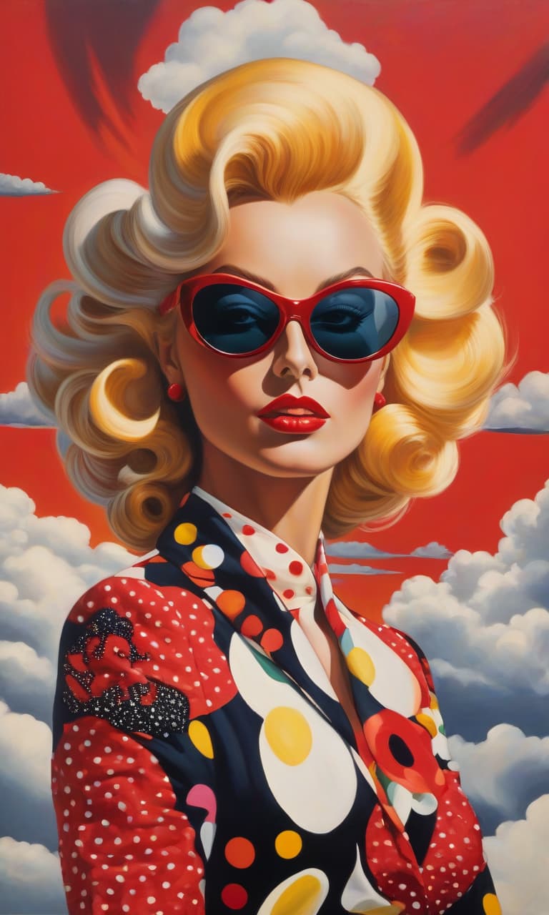  Close up of a female fashion designer in a William Klein oil painting, looking directly at you through her sunglasses. complex background, perspective, wide angle. very surreal. pop art style, lots of colors and dada surrealism. a more fanciful and perfect picture. bizarrely shaped clouds with golden polka dots and a cardinal red sky. Each time there was a variety of polka dots, red gold and black. More quirkiness, more madness. with strawberries flying in the sky. hyperrealistic, full body, detailed clothing, highly detailed, cinematic lighting, stunningly beautiful, intricate, sharp focus, f/1. 8, 85mm, (centered image composition), (professionally color graded), ((bright soft diffused light)), volumetric fog, trending on instagram, trending on tumblr, HDR 4K, 8K