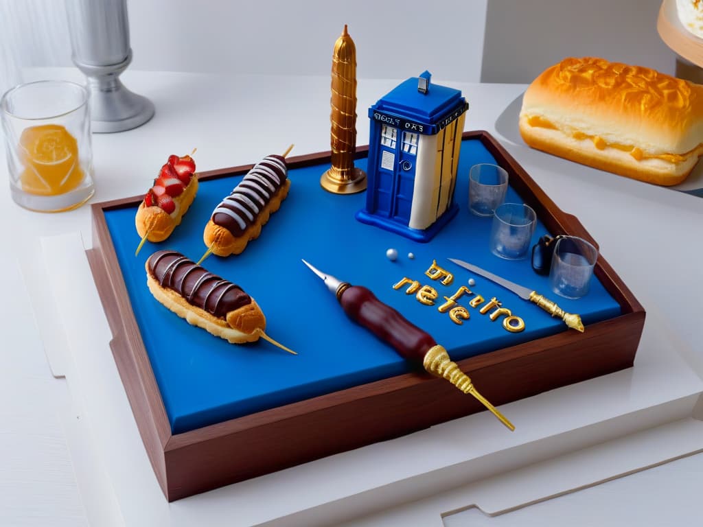  A minimalist, ultradetailed image of a tray of freshly baked eclairs decorated to represent iconic elements from the TV show Doctor Who. Each eclair is meticulously crafted to resemble a different Doctor's sonic screwdriver, TARDIS, and Dalek, with precise detailing on the toppings and designs. The eclairs are neatly arranged on a sleek, modern serving platter, set against a clean, white background to highlight the intricate decorations and showcase the artistry of the dessert. hyperrealistic, full body, detailed clothing, highly detailed, cinematic lighting, stunningly beautiful, intricate, sharp focus, f/1. 8, 85mm, (centered image composition), (professionally color graded), ((bright soft diffused light)), volumetric fog, trending on instagram, trending on tumblr, HDR 4K, 8K