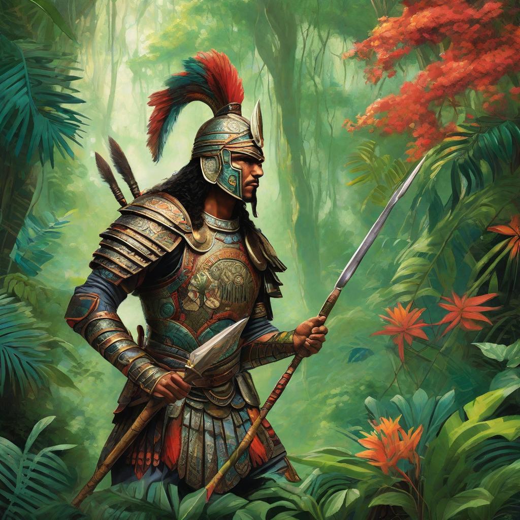  masterpiece, best quality, A fierce Miq Mak warrior standing tall with a spear in hand, adorned in vibrant tribal armor, against a backdrop of lush green jungle. The atmosphere is intense and primal, with rays of sunlight piercing through the dense foliage. The style is a combination of hand-drawn and painted, capturing intricate details of the warrior's facial expressions and armor. The realization can be achieved through digital painting techniques, using a tablet and software like Photoshop or Procreate, allowing for precise brush strokes and color blending.