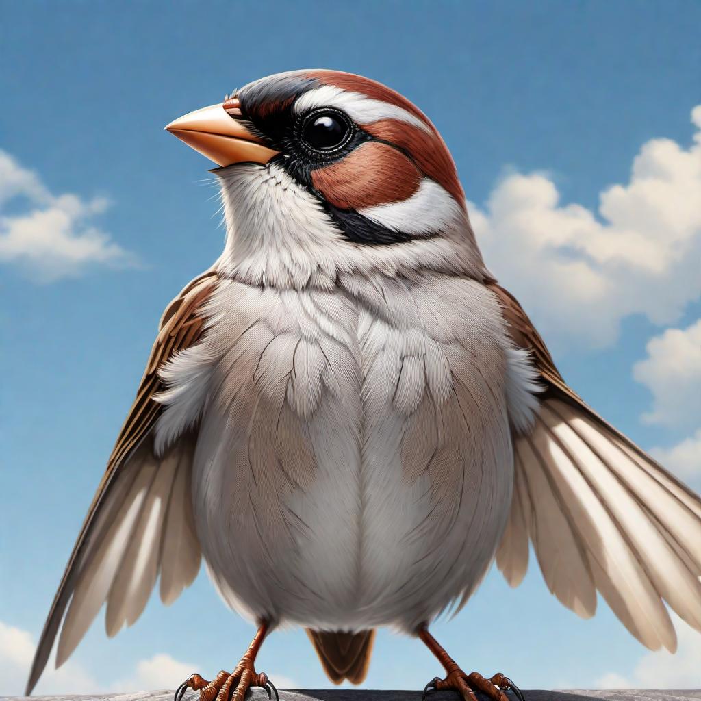  A realistic cartoon of a sparrow who is both an angel and a superhero. The sparrow should have a halo above its head, angelic wings, and a small superhero mask covering its eyes. It should be wearing a tiny cape billowing in the wind and striking a heroic pose. The background should be a clear, blue sky with a few fluffy clouds. hyperrealistic, full body, detailed clothing, highly detailed, cinematic lighting, stunningly beautiful, intricate, sharp focus, f/1. 8, 85mm, (centered image composition), (professionally color graded), ((bright soft diffused light)), volumetric fog, trending on instagram, trending on tumblr, HDR 4K, 8K