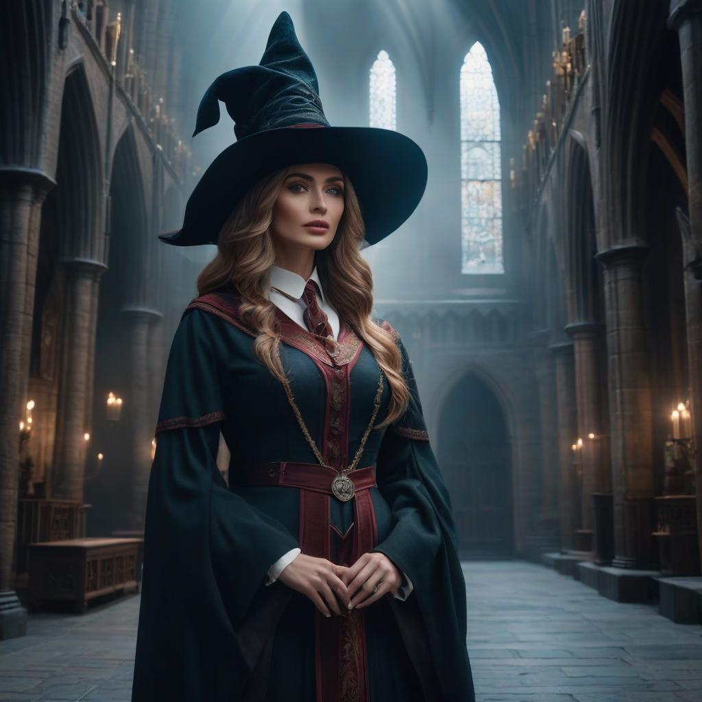  hat in hogwarts hyperrealistic, full body, detailed clothing, highly detailed, cinematic lighting, stunningly beautiful, intricate, sharp focus, f/1. 8, 85mm, (centered image composition), (professionally color graded), ((bright soft diffused light)), volumetric fog, trending on instagram, trending on tumblr, HDR 4K, 8K