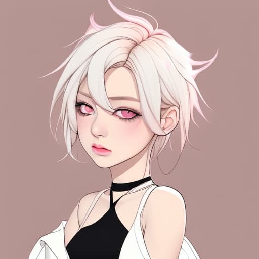  Cute chibi that almost looks like she is a drawing, wearing a black crop top showing her , light pink eyes and / yellowish hair.