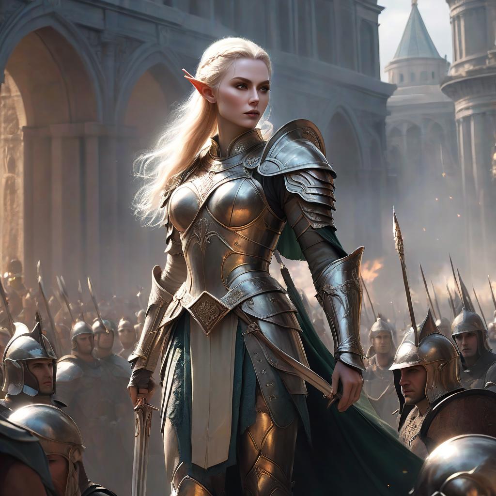  ethereal fantasy concept art of An elf with pale skin in the armor of a Roman legion, dark fantasy . magnificent, celestial, ethereal, painterly, epic, majestic, magical, fantasy art, cover art, dreamy hyperrealistic, full body, detailed clothing, highly detailed, cinematic lighting, stunningly beautiful, intricate, sharp focus, f/1. 8, 85mm, (centered image composition), (professionally color graded), ((bright soft diffused light)), volumetric fog, trending on instagram, trending on tumblr, HDR 4K, 8K