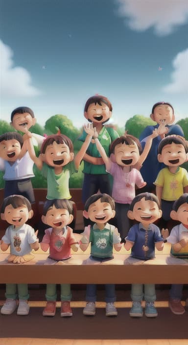  {A heartwarming scene of all the children waving goodbye with happy expressions., Children waving with wide smiles, looking grateful and content.