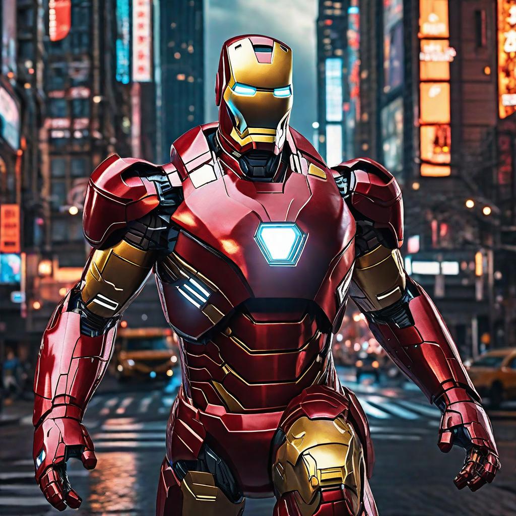  masterpiece, best quality, masterpiece, 8k resolution, realistic, highly detailed, Iron Man close-up. He stands on a street lined with tall buildings in a cyberpunk style city at night. The city's night lights are bright, and the surrounding buildings and streets are full of cyberpunk elements such as neon lights, high-tech equipment and futuristic architectural design.