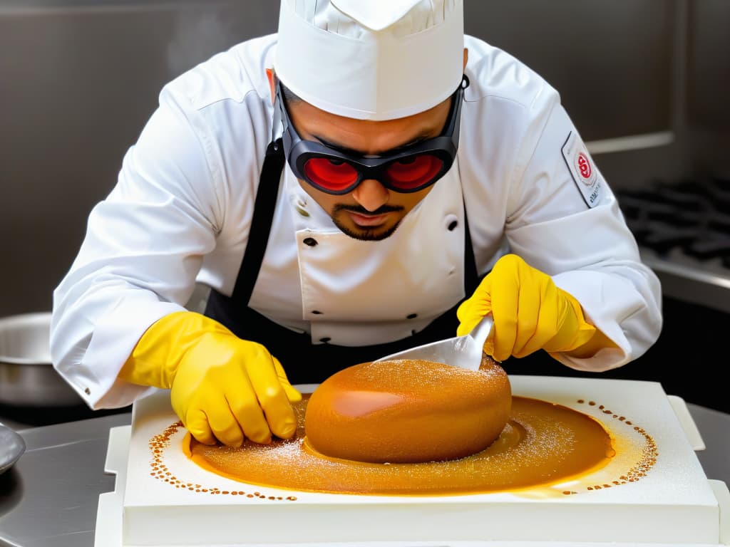  A closeup, photorealistic image of a professional pastry chef wearing protective gloves and goggles, carefully pouring hot liquid sugar into a mold to create delicate sugar decorations. The chef's focused expression and the steam rising from the sugar create a sense of intensity and precision in this kitchen setting. The vibrant amber color of the molten sugar contrasts beautifully with the stainless steel tools and the pristine white countertops, showcasing the artistry and caution required when working with hot sugar. hyperrealistic, full body, detailed clothing, highly detailed, cinematic lighting, stunningly beautiful, intricate, sharp focus, f/1. 8, 85mm, (centered image composition), (professionally color graded), ((bright soft diffused light)), volumetric fog, trending on instagram, trending on tumblr, HDR 4K, 8K