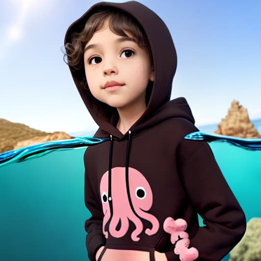  an octopus with brown bubbles caught tail with transparent pink gles with green and brown eyes and a black hoodie who is 
