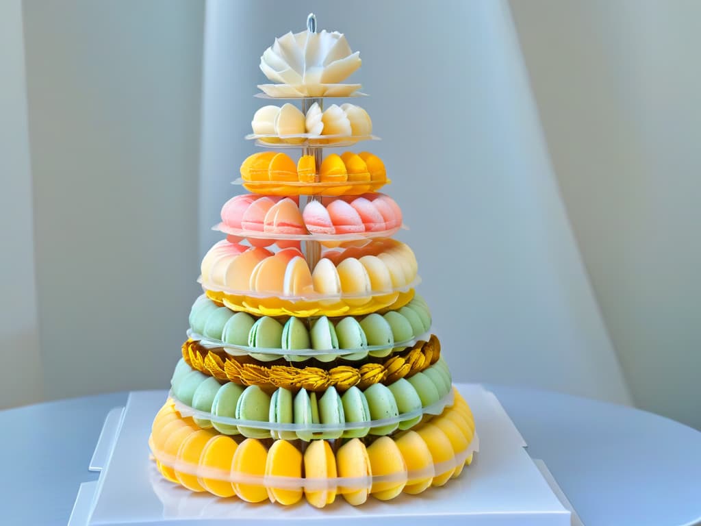  A closeup, ultradetailed image of a delicate French macaron tower with pastelcolored shells meticulously arranged in a spiral pattern, showcasing the intricate textures and glossy finish of each piece. This minimalist shot captures the elegance and precision of international pastry craftsmanship, inviting viewers to explore the artistry of global baking traditions. hyperrealistic, full body, detailed clothing, highly detailed, cinematic lighting, stunningly beautiful, intricate, sharp focus, f/1. 8, 85mm, (centered image composition), (professionally color graded), ((bright soft diffused light)), volumetric fog, trending on instagram, trending on tumblr, HDR 4K, 8K