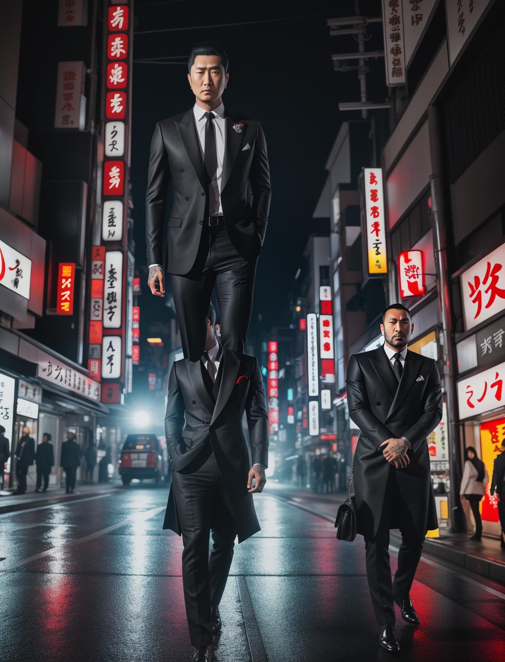  Yakuza in Smoking, Tokyo late at night, raining, empty streets hyperrealistic, full body, detailed clothing, highly detailed, cinematic lighting, stunningly beautiful, intricate, sharp focus, f/1. 8, 85mm, (centered image composition), (professionally color graded), ((bright soft diffused light)), volumetric fog, trending on instagram, trending on tumblr, HDR 4K, 8K