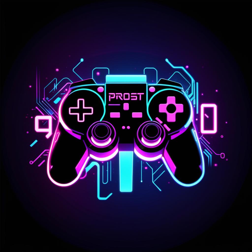  cyberpunk game style Abstract icon in the form of a game controller, with a symbolic overlay of the name prost0gamer diagonally. . neon, dystopian, futuristic, digital, vibrant, detailed, high contrast, reminiscent of cyberpunk genre video games