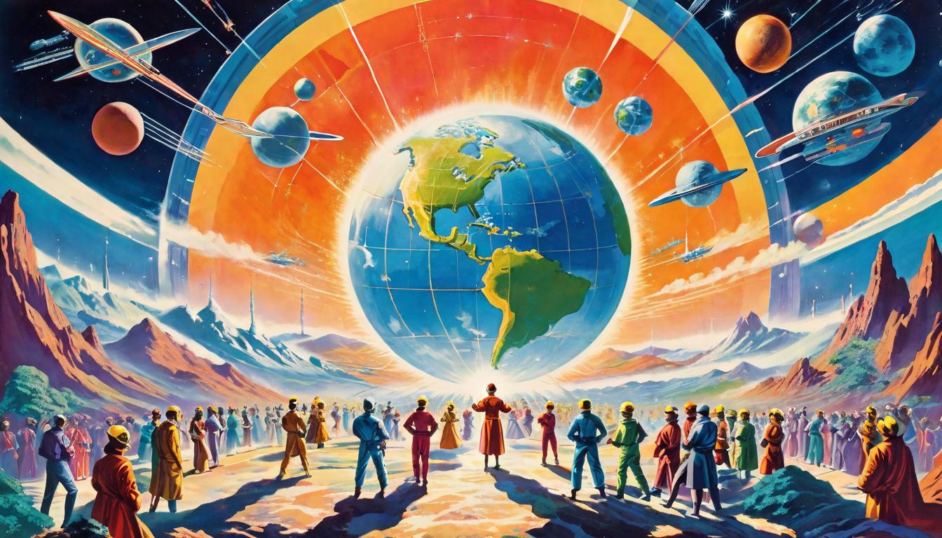  retro futuristic Interconnected human figures forming a living tapestry against a backdrop of Earth from space, weaving new social, economic, and spiritual configurations. Unity, interconnectedness, collective purpose. lvintage sci fi, 50s and 60s style, atomic age, vibrant, highly detailed