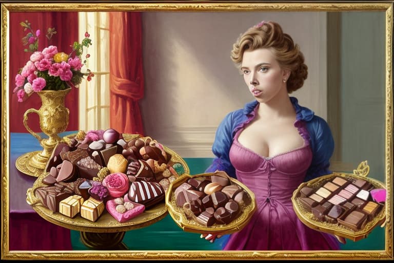  Attractive happy Scarlett Johansson (revealing colorful desiner dress)(pink cheeks)(Baroque lighting)(Superrealism)(painted in the style of Édouard Manet)(Foreground: open box of fine dark chocolates on a small serving table)