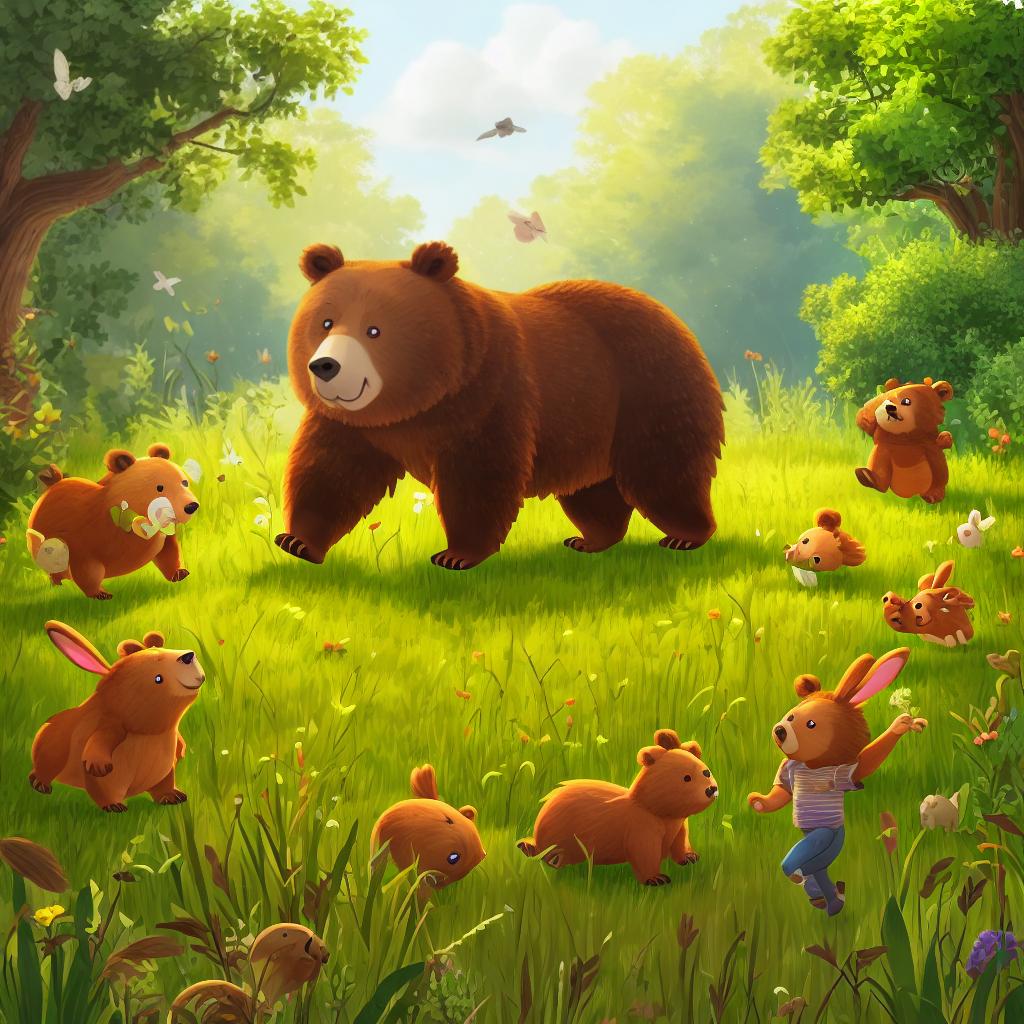  Bear with light brown muzzle , running through field, rabbits all around, high angle, masterpiece, highly detailed, 4k, HQ, separate colors, bright colors