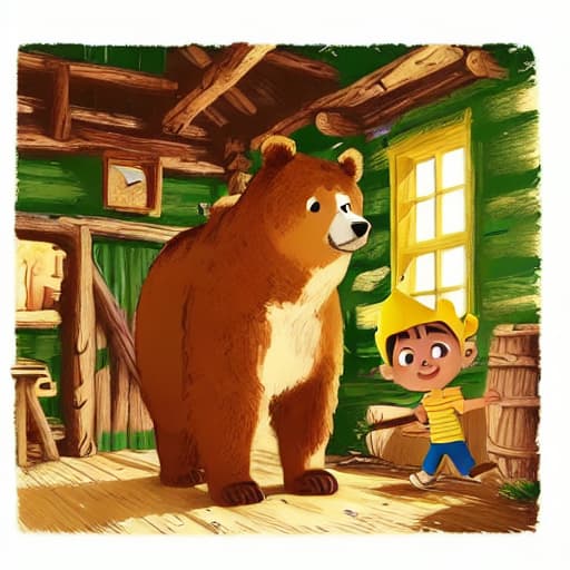  a boy with yellow hat and brown shirt and green pants, bear standing, in cabin