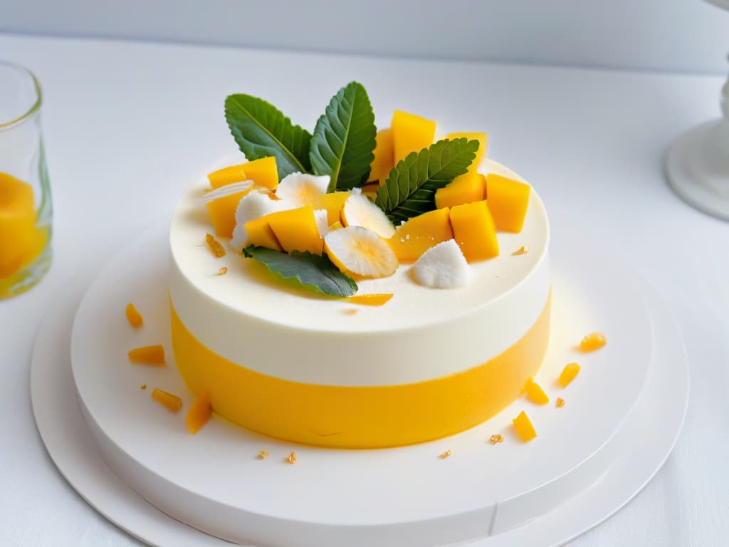  A minimalistic image of a perfectly plated luxurious mango and coconut mousse dessert, showcasing layers of creamy mango and coconut mousse topped with fresh mango slices, coconut shavings, and mint leaves. The dessert is elegantly presented on a round white plate against a simple, clean background, emphasizing its tropical elegance and inviting texture. hyperrealistic, full body, detailed clothing, highly detailed, cinematic lighting, stunningly beautiful, intricate, sharp focus, f/1. 8, 85mm, (centered image composition), (professionally color graded), ((bright soft diffused light)), volumetric fog, trending on instagram, trending on tumblr, HDR 4K, 8K