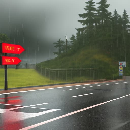  Generate a picture of a southbound signpost against a rainy background, southbound signpost highlighting