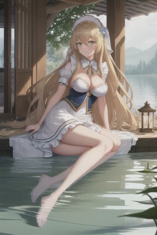  (score 9,score 8 up,score 7 up,),1girl,solo,maid,maid headdress,looking at viewer,outdoor,lake,apron,blonde hair,indoors,green eyes,bare foot,two feet in the water lotus flower hyperrealistic, full body, detailed clothing, highly detailed, cinematic lighting, stunningly beautiful, intricate, sharp focus, f/1. 8, 85mm, (centered image composition), (professionally color graded), ((bright soft diffused light)), volumetric fog, trending on instagram, trending on tumblr, HDR 4K, 8K