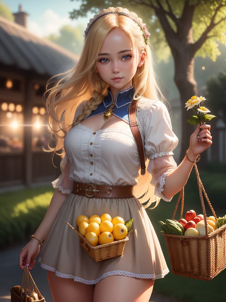  (masterpiece), best quality, high resolution, highly detailed, detailed background, perfect lighting, lens flare, fantasy, nature, 1girl, blond hair, groceries, detailed face, face shot, close up, solder